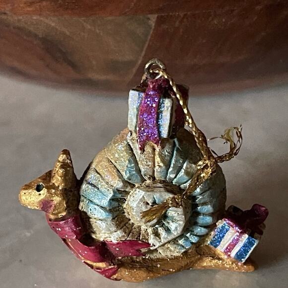 Mini snail Christmas ornament wood look signed 1" - Picture 1 of 6